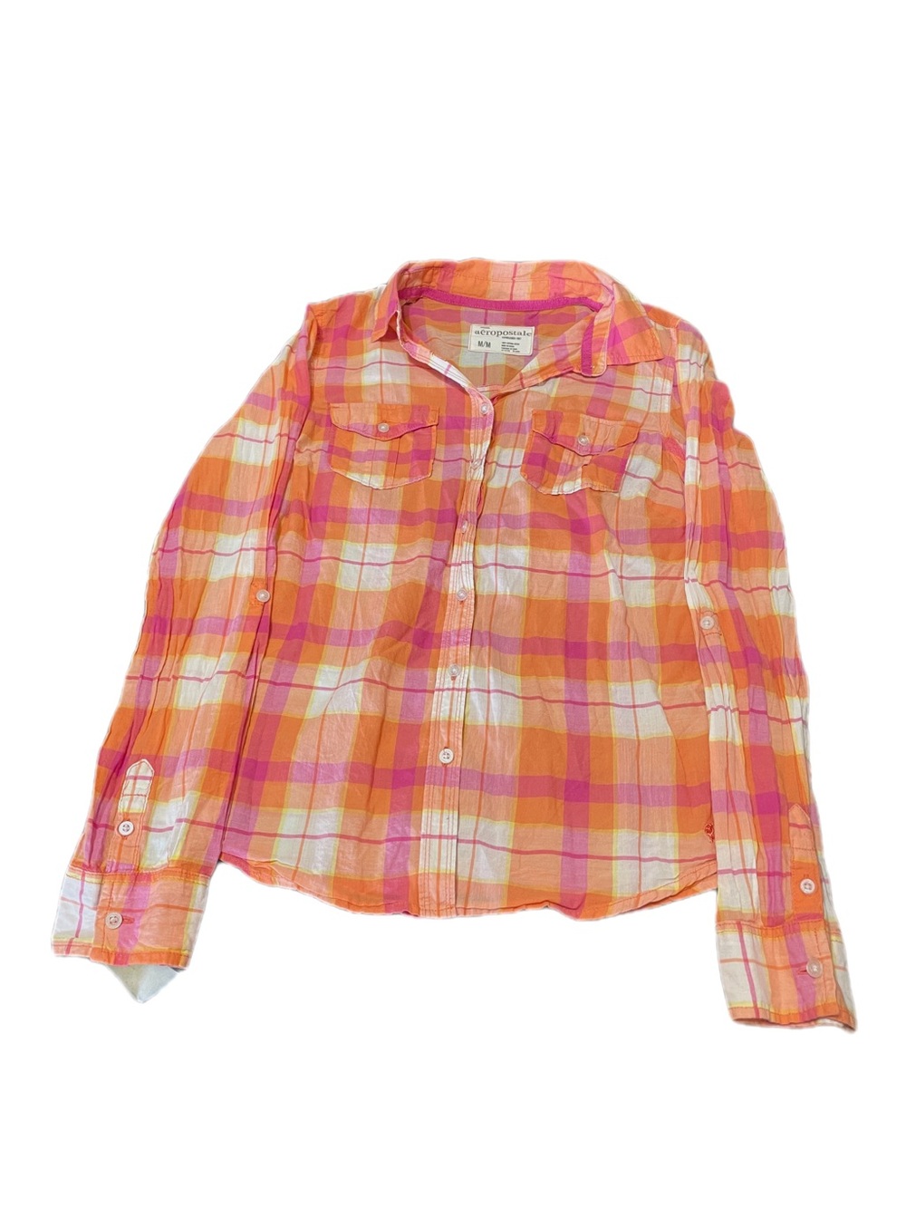 Aeropostale Orange and Pink Plaid Denim Blouse with Buttons (y2k)